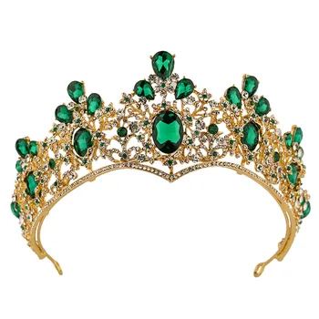 Barokne Zelene Tiaras Crystal Crown Zlatna Boja Šik Sjajna Rhinestones Crown Vjenčanje Pribor Za Kosu NA
