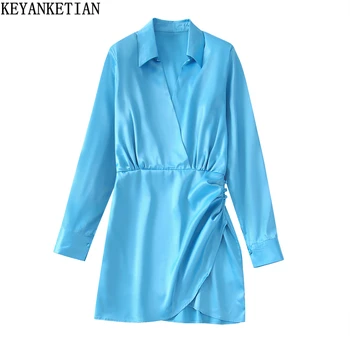 KEYANKETIAN Donje Атласное haljina za Proljeće, Jesen 2022 Nova Svilene Teksture Dvostruki Prednji Prigradski Plava Funky Mini suknja Dugi Rukav