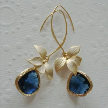Moda Orhideja Kobalt Plave Naušnice Inlay Plavo Staklo Duge Viseće Naušnice Svadbeni Poklon Za Mladence
