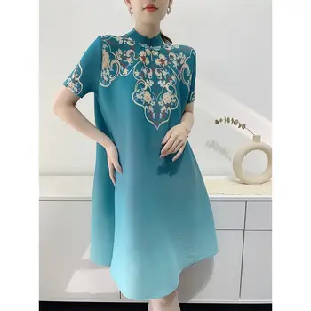 Pregibno klizni haljina ženska dugačka suknja 2022 Ljeto novi retro kineski stil kratkih rukava casual kragnom moderan besplatno haljina ženske majice