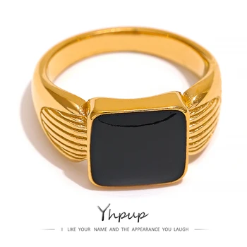 Yhpup Crni Emajl Od Nehrđajućeg Čelika Široko Prsten 2022 Zlatni Metalni Prst Vodootporan Nakit Šarm Modnu Izjavu Anillos Mujer