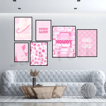 Pink plakat s likom Špilje Djevojčica za sobu tinejdžerski djevojka | Uredan Dekor sobe | Kariranih Estetski Roza Plakati Dekor |