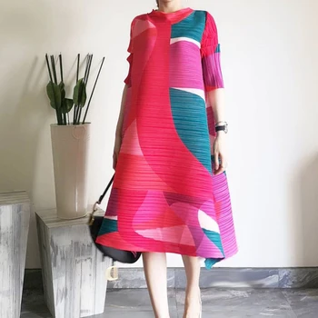 proljeće novi geometrijski haljina trapeznog oblika u ton, Moderan плиссированное haljina Miyak srednje duljine s dugim rukavima, slobodne ženske haljine plus veličine